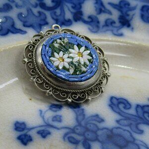 Vintage Italian Micro Mosaic Floral Pendant With Daisies & Scroll Design 1.25"